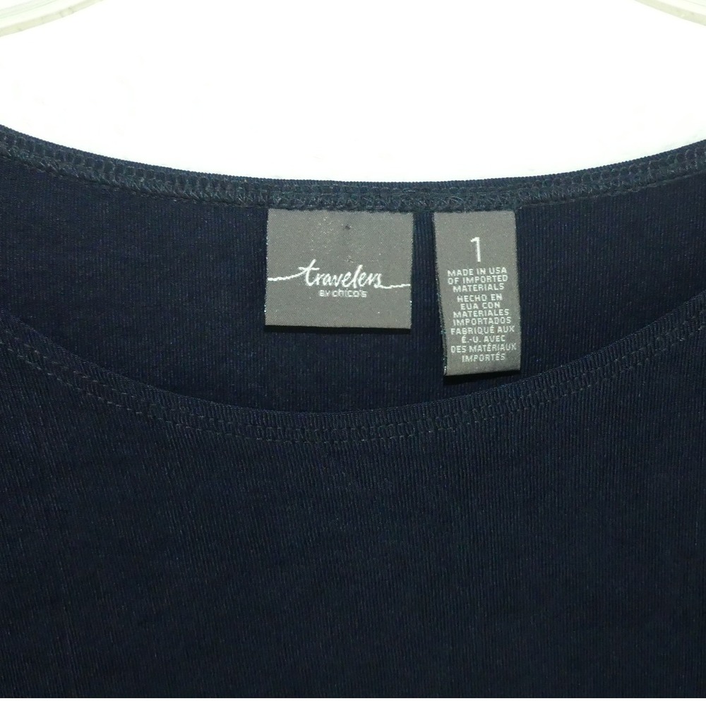 Chicos Travelers Navy Blue Asymmetrical Nautical Lace Tunic Top Sz 1 Medium - Picture 3 of 8